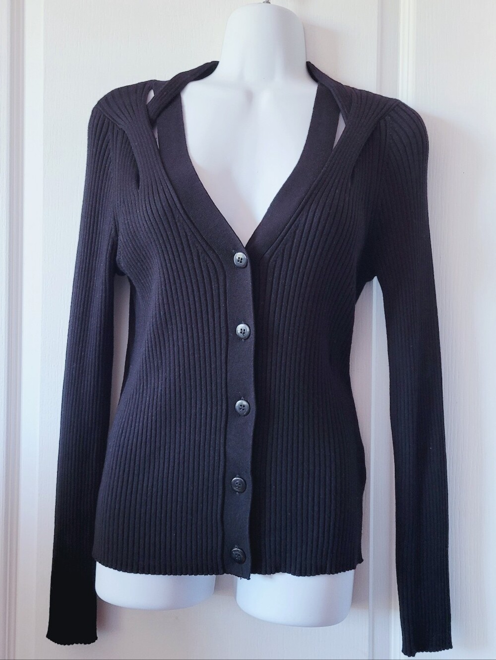 Rachel Roy Black Ribbed V-Neck Button Cardigan Sweater - Women Size Small
